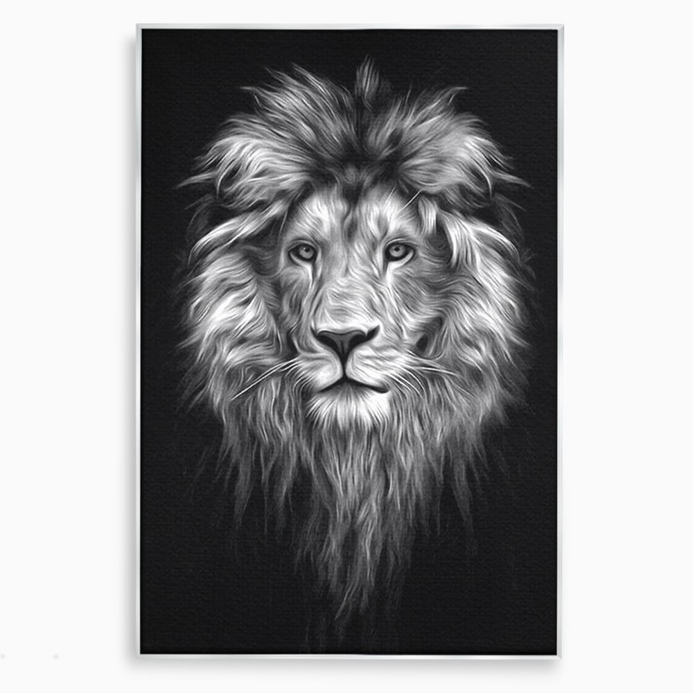 Tablou canvas cu tablou canvas cu leu alb negru, in rama de aluminiu argintiu