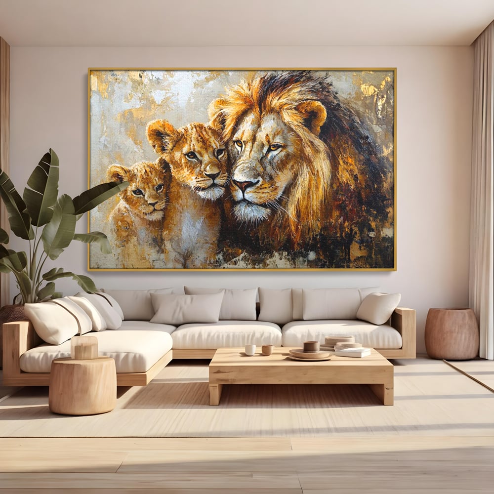 Tablou canvas cu tablou cu leu adult si doi pui, in rama de aluminiu auriu, pe perete intr-un living