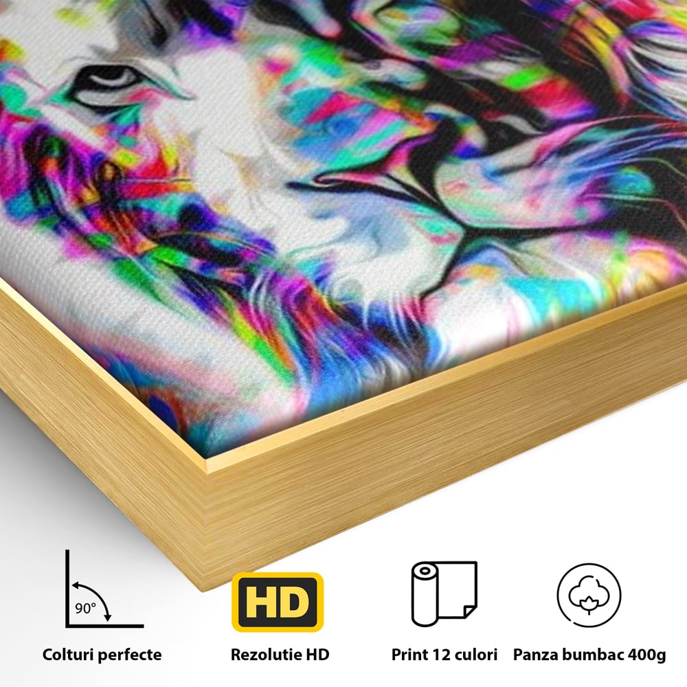 Detaliu al suprafetei: tablou canvas cu leu in culori neon, in rama de aluminiu auriu