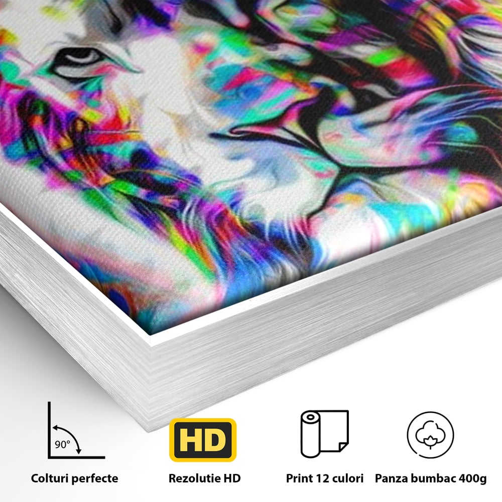 Detaliu al suprafetei: tablou canvas cu leu in culori neon, in rama de aluminiu argintiu
