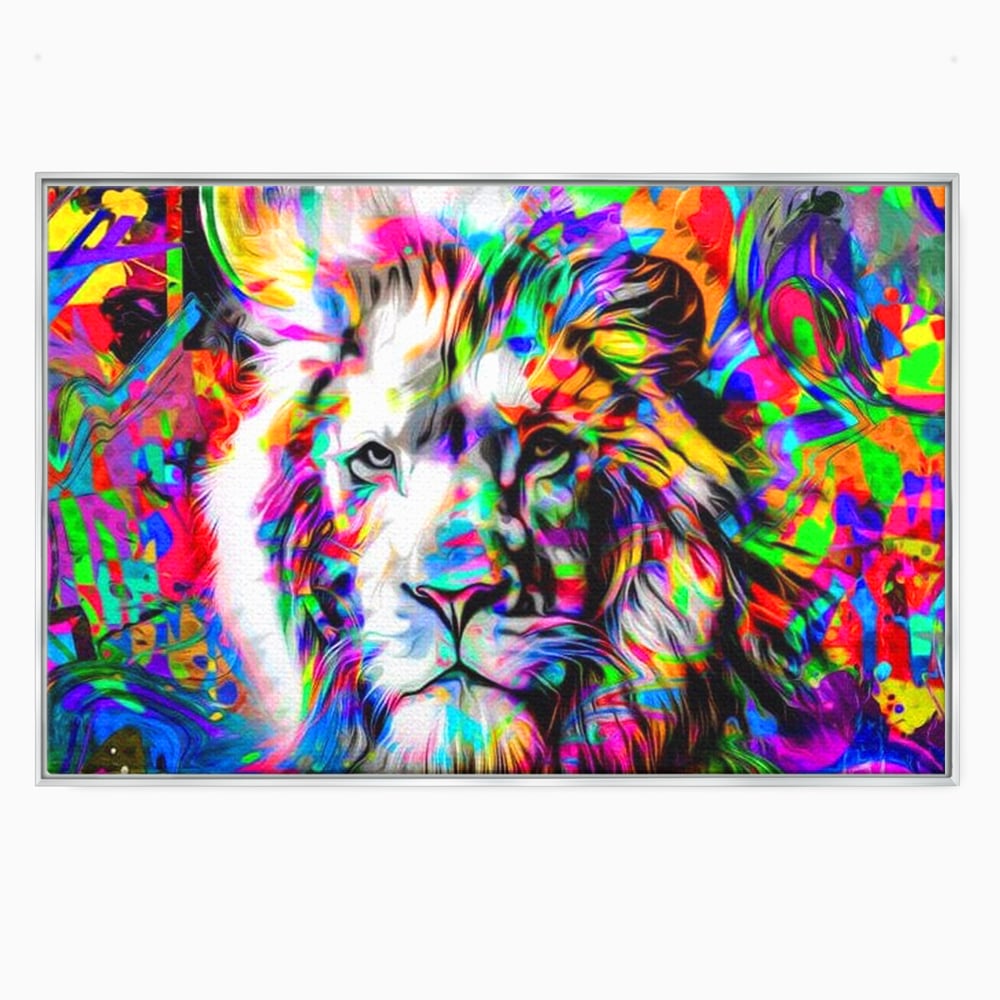 Tablou canvas cu tablou canvas cu leu in culori neon, in rama de aluminiu argintiu