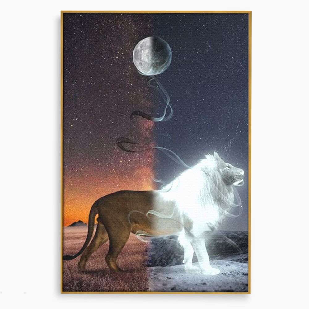 Tablou canvas cu tablou canvas cu leu si luna, in rama de aluminiu auriu