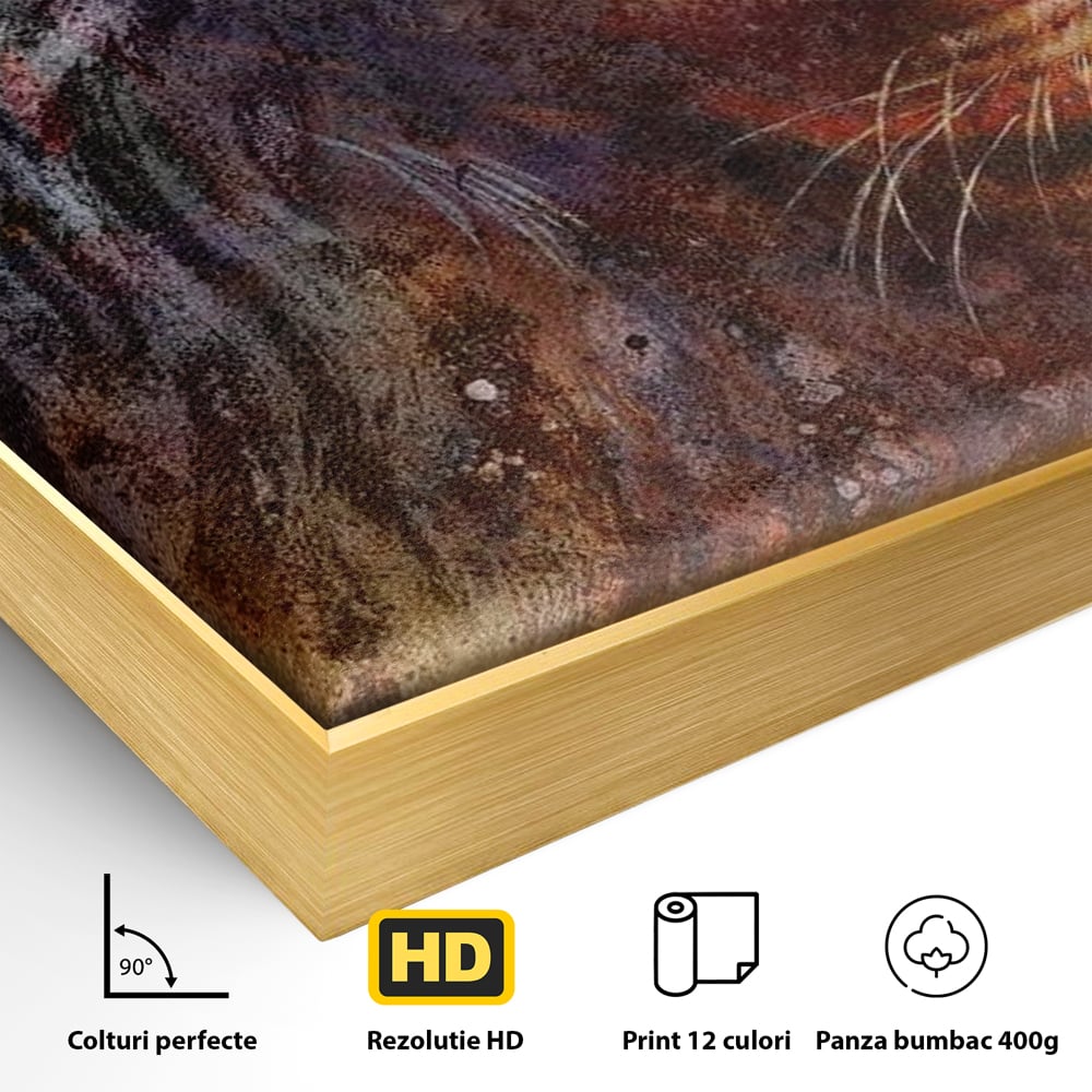 Detaliu al suprafetei: tablou canvas cu leu in nuante cosmice, in rama de aluminiu auriu