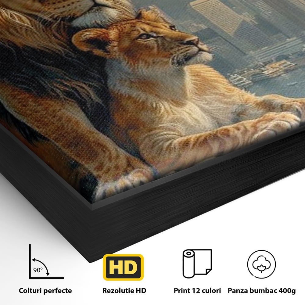 Detaliu al suprafetei: tablou canvas cu lei pe stanca si oras, in rama de aluminiu negru