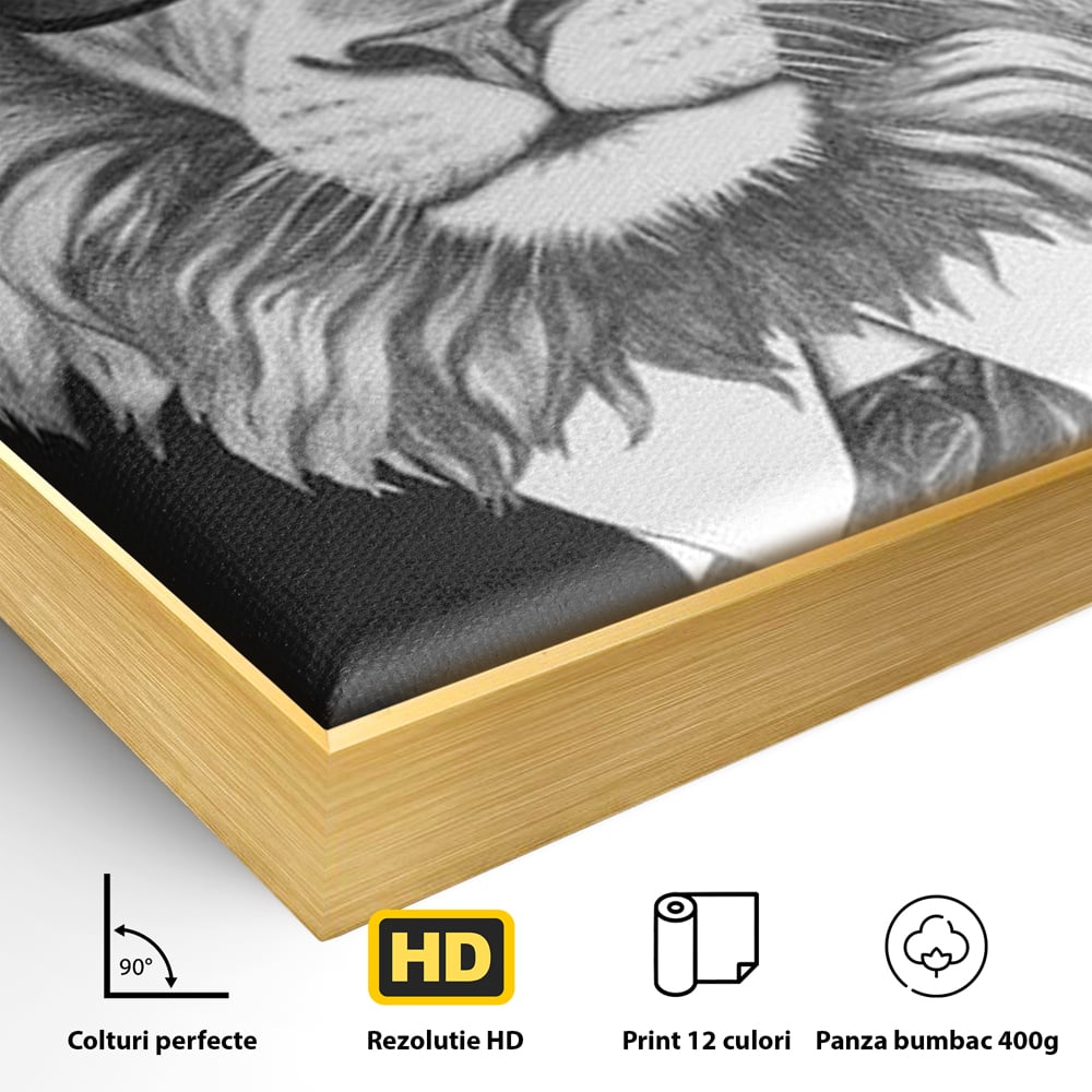 Detaliu al suprafetei: tablou canvas cu leu in costum si ochelari, in rama de aluminiu auriu