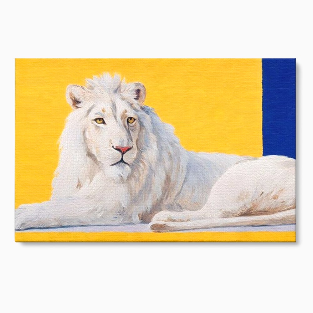Tablou canvas cu pictura cu leu alb culcat pe fundal galben, fara rama, pe sasiu de lemn