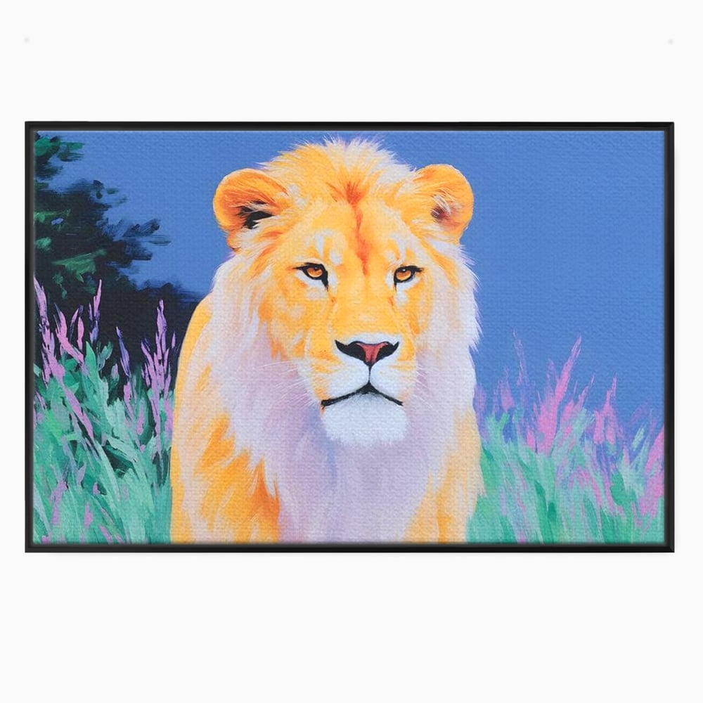 Tablou canvas cu tablou canvas cu pictura de leu, in rama de aluminiu negru