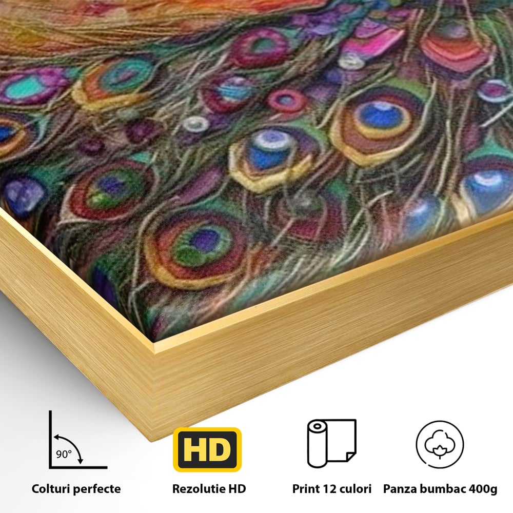 Detaliu al suprafetei: tablou canvas cu paun colorat, in rama de aluminiu auriu