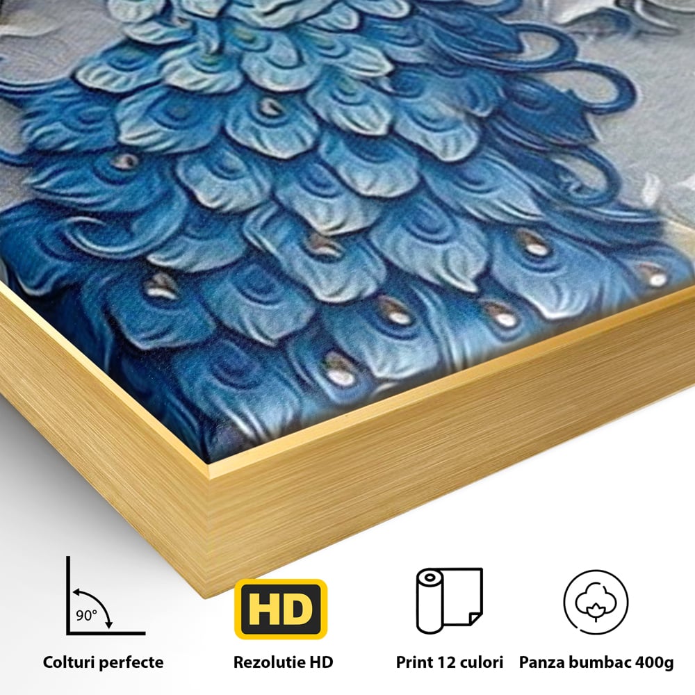 Tablou Canvas cu Paun Albastru si Flori, Albastru Cobalt si Alb Crem, M1404