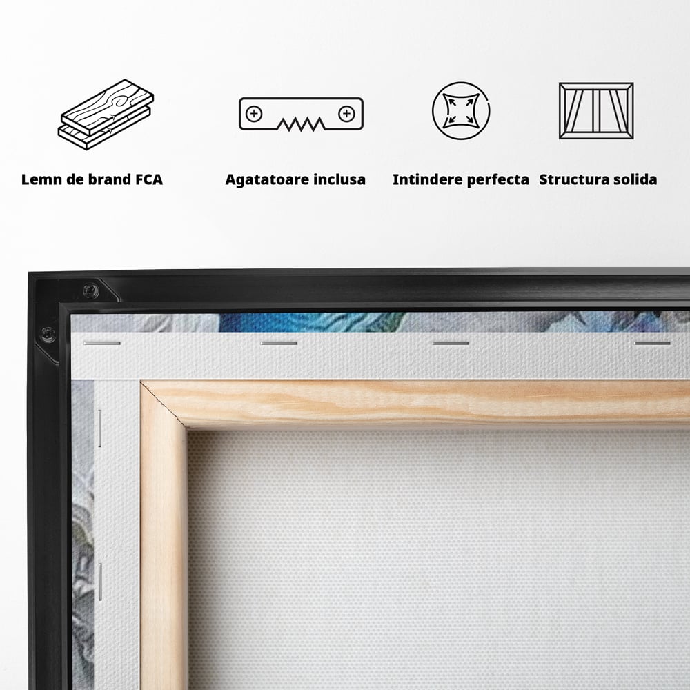 Tablou Canvas cu Paun Albastru si Flori, Albastru Cobalt si Alb Crem, M1404