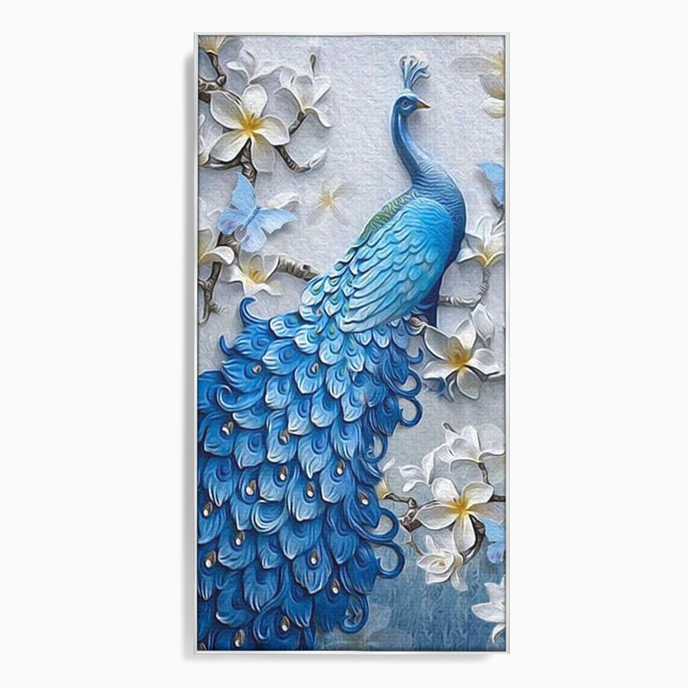 Tablou Canvas cu Paun Albastru si Flori, Albastru Cobalt si Alb Crem, M1404
