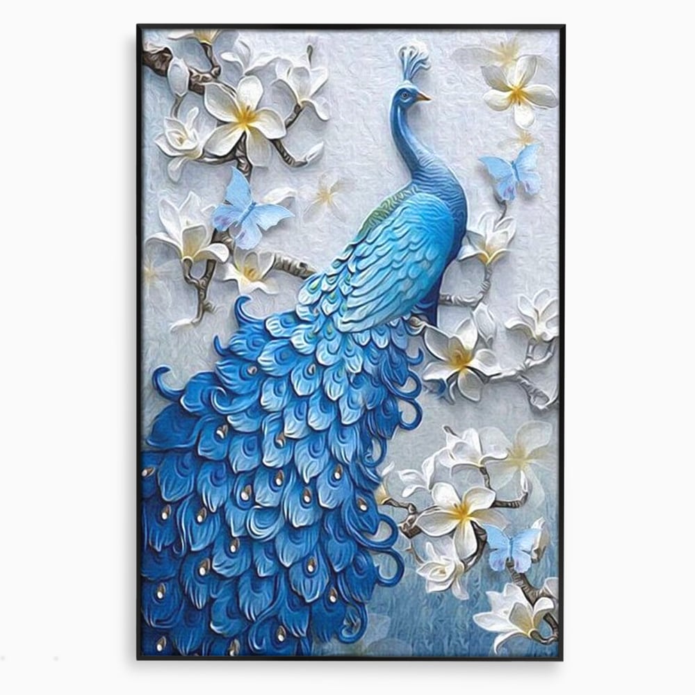 Tablou Canvas cu Paun Albastru si Flori, Albastru Cobalt si Alb Crem, M1404