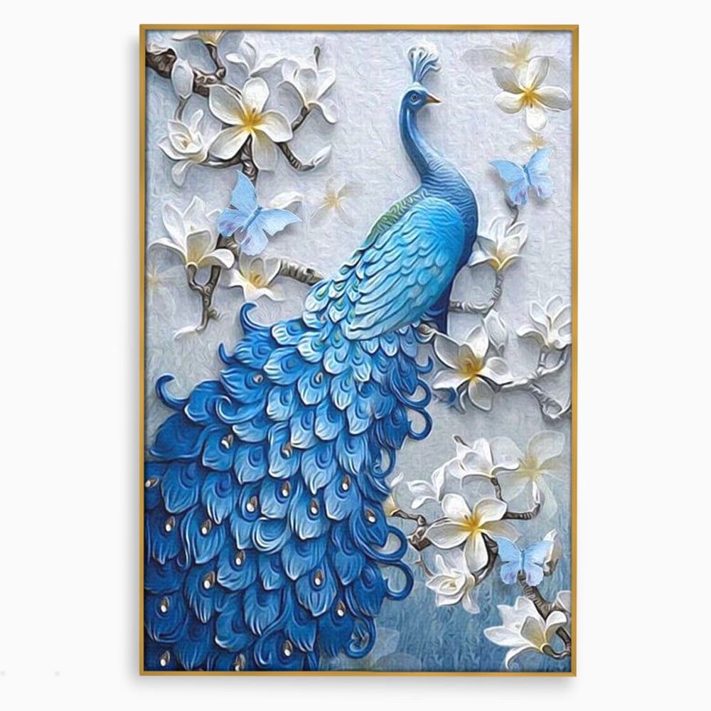 Tablou Canvas cu Paun Albastru si Flori, Albastru Cobalt si Alb Crem, M1404