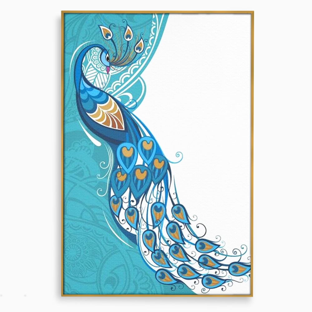 Tablou canvas cu ilustratie digitala cu paun si pene, in rama de aluminiu auriu