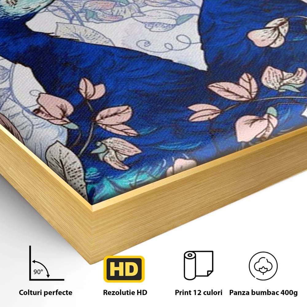 Detaliu al suprafetei: tablou canvas cu doi pauni albastri, in rama de aluminiu auriu