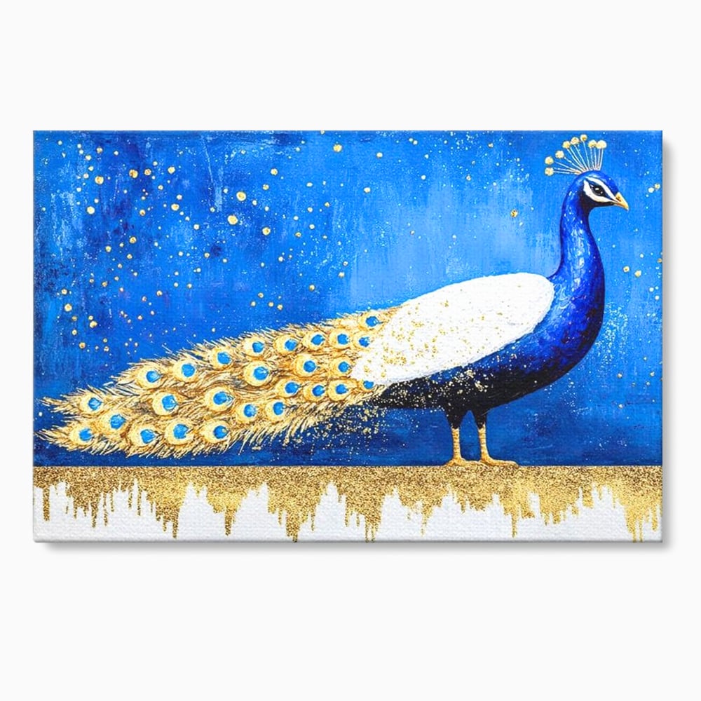 Tablou canvas cu tablou canvas cu paun in nuante de albastru si auriu, fara rama, pe sasiu de lemn