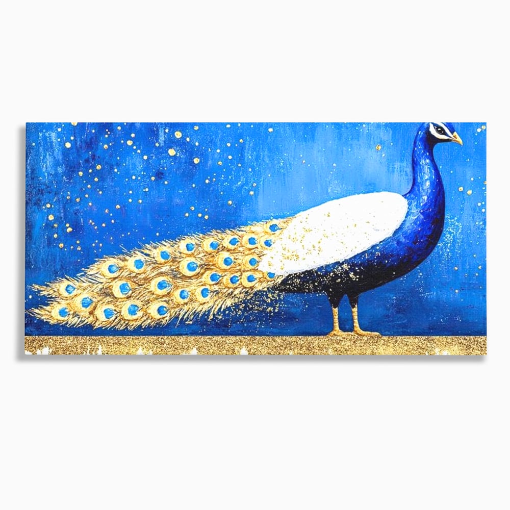 Tablou canvas cu tablou canvas cu paun in nuante de albastru si auriu, fara rama, pe sasiu de lemn