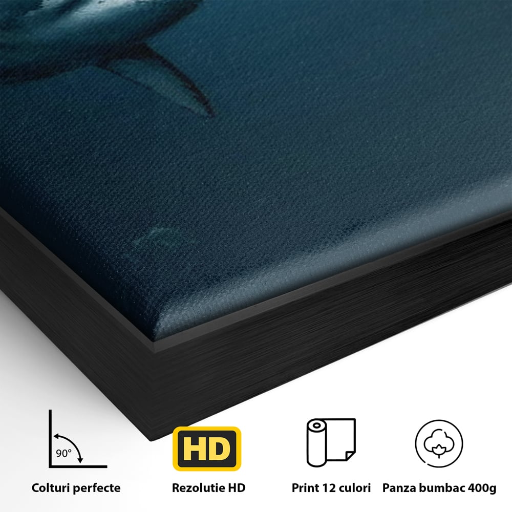 Detaliu al suprafetei: tablou canvas cu rechin si scafandru, in rama de aluminiu negru