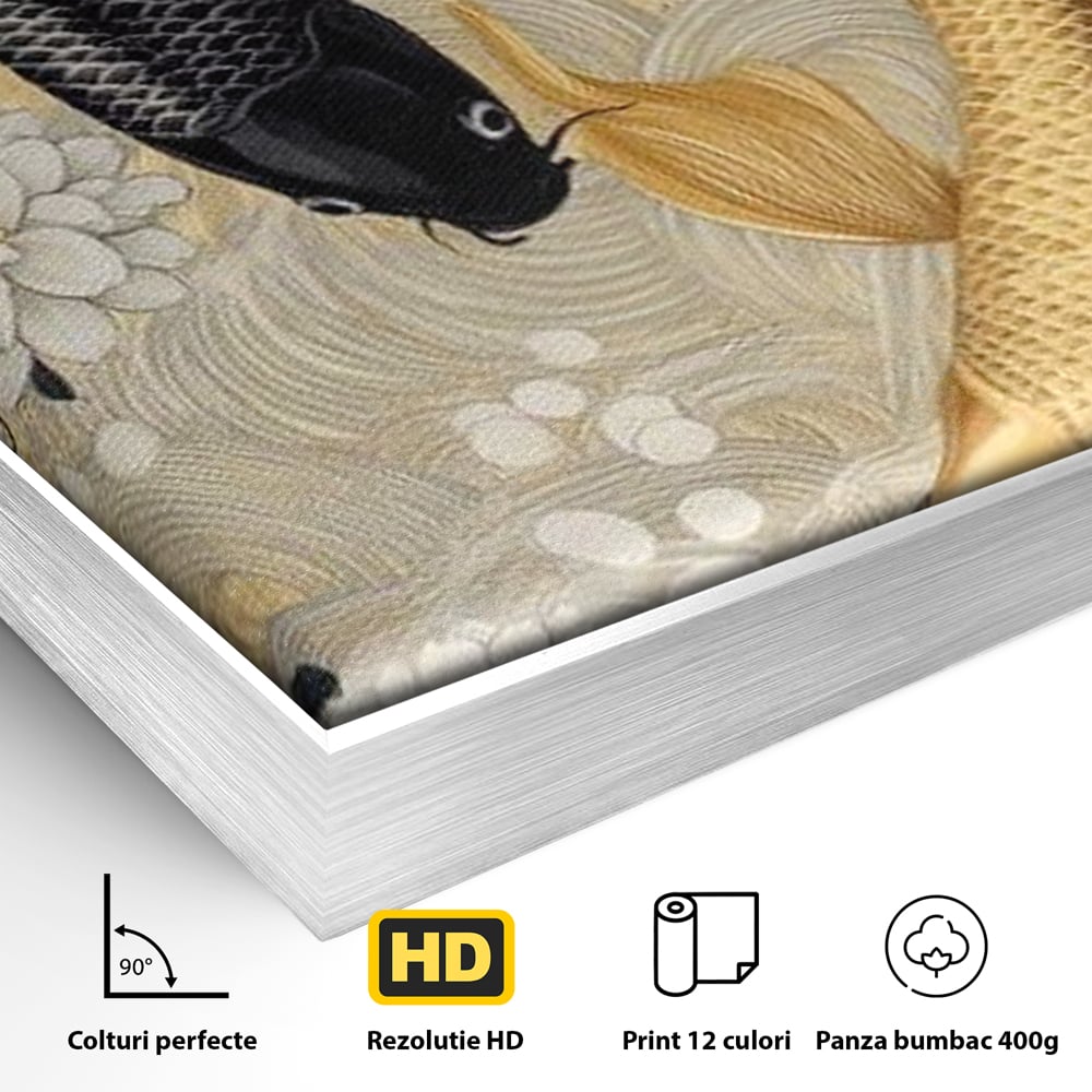 Detaliu al suprafetei: tablou canvas cu doi pesti koi, in rama de aluminiu argintiu