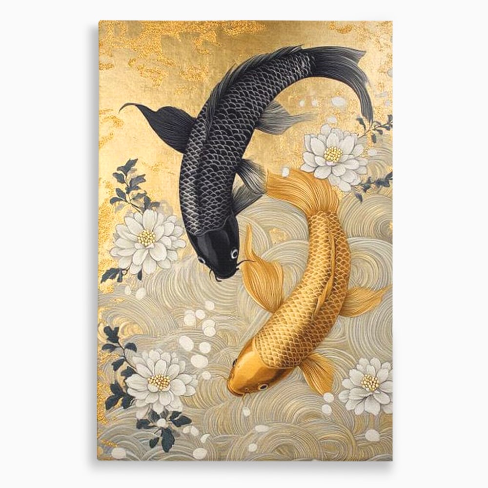 Tablou canvas cu tablou canvas cu doi pesti koi, fara rama, pe sasiu de lemn