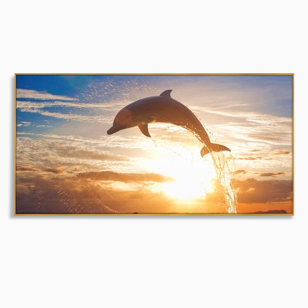 Tablou canvas cu delfin care sare la apus, in rama de aluminiu auriu