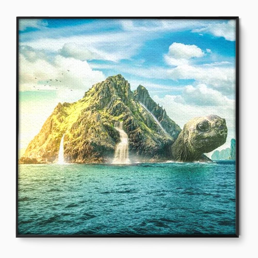 Tablou canvas cu ilustratie digitala cu o insula testoasa, in rama de aluminiu negru