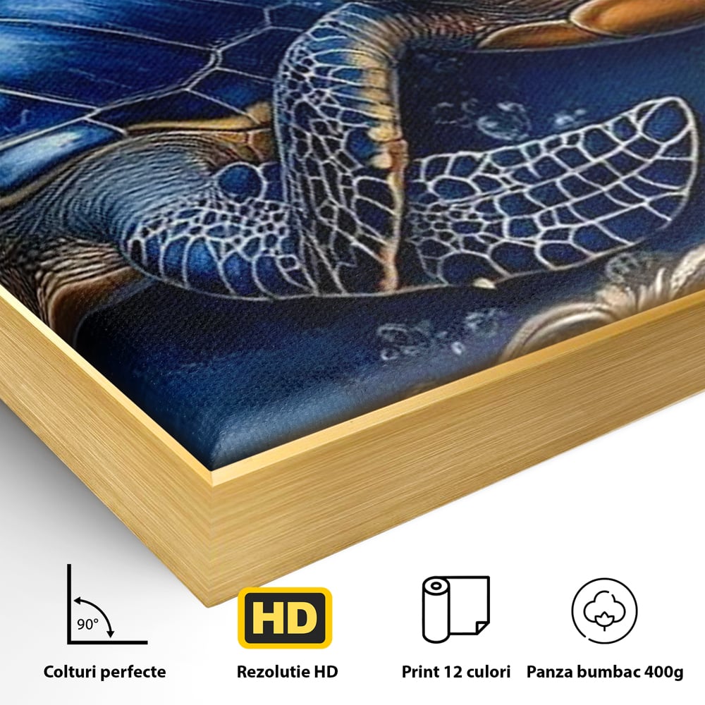Detaliu al suprafetei: tablou canvas cu doua testoase marine, in rama de aluminiu auriu