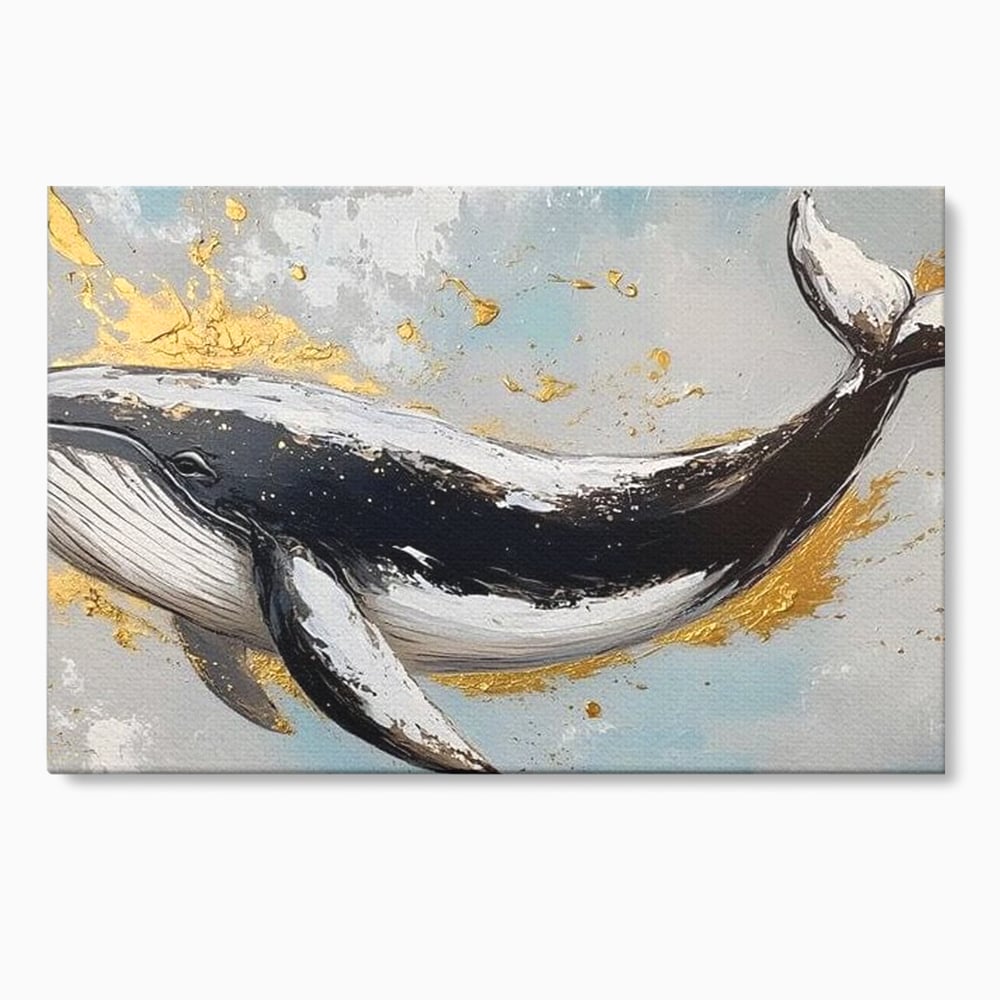 Tablou canvas cu tablou canvas cu balena si detalii aurii, fara rama, pe sasiu de lemn