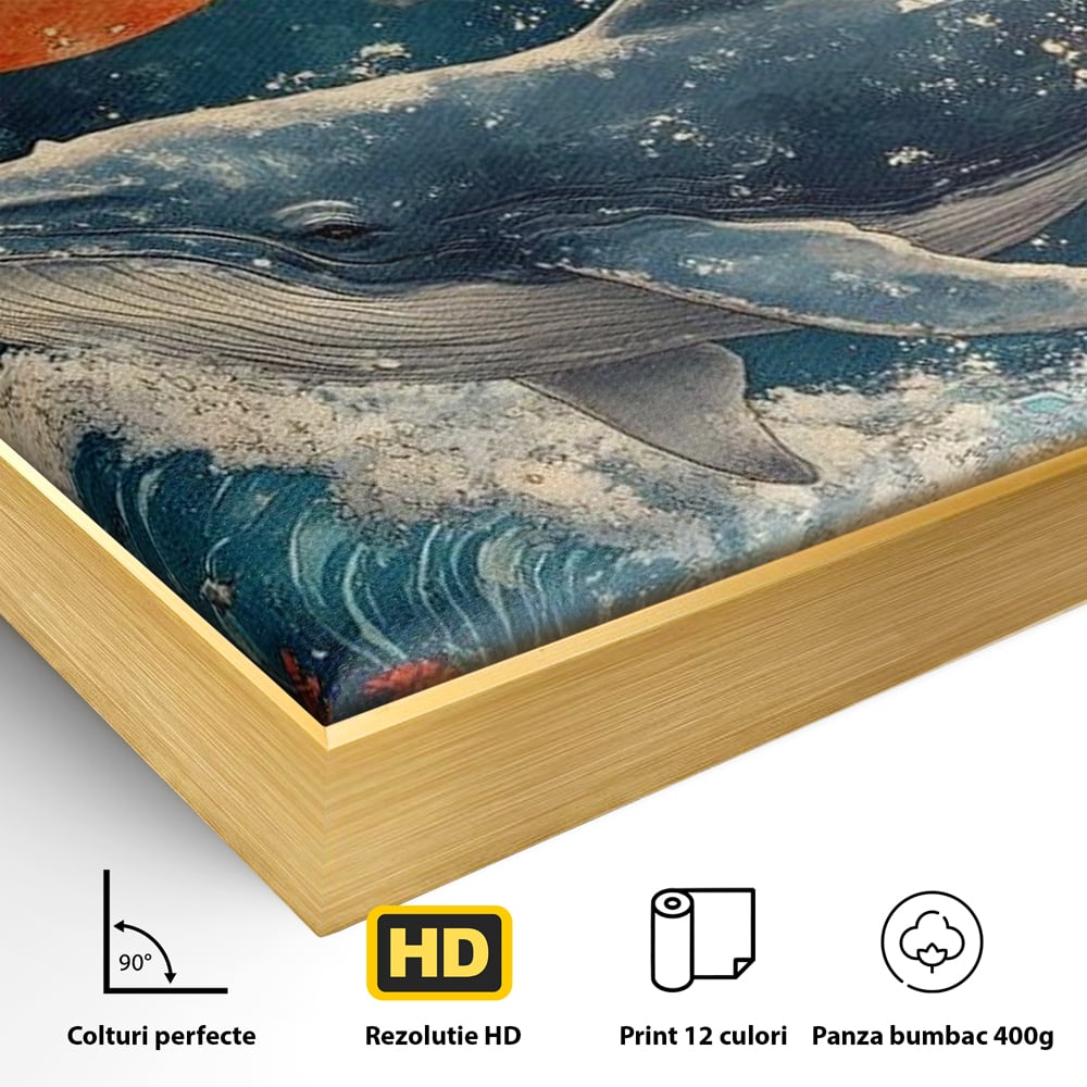 Detaliu al suprafetei: tablou canvas cu balena si luna, in rama de aluminiu auriu