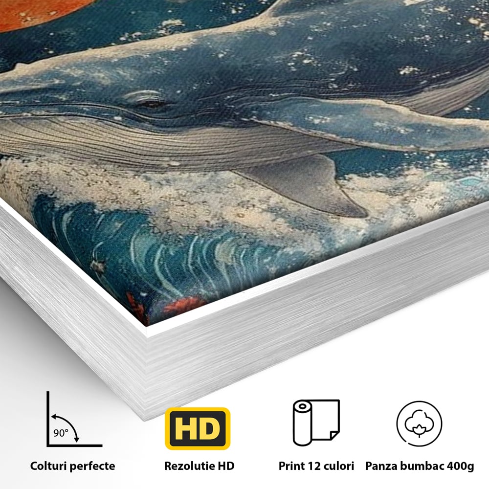 Detaliu al suprafetei: tablou canvas cu balena si luna, in rama de aluminiu argintiu
