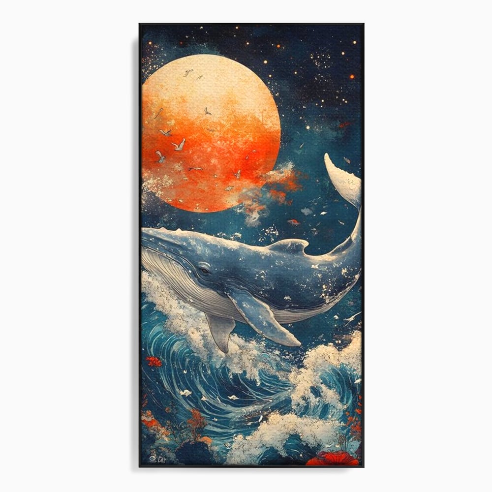 Tablou canvas cu tablou canvas cu balena si luna, in rama de aluminiu negru