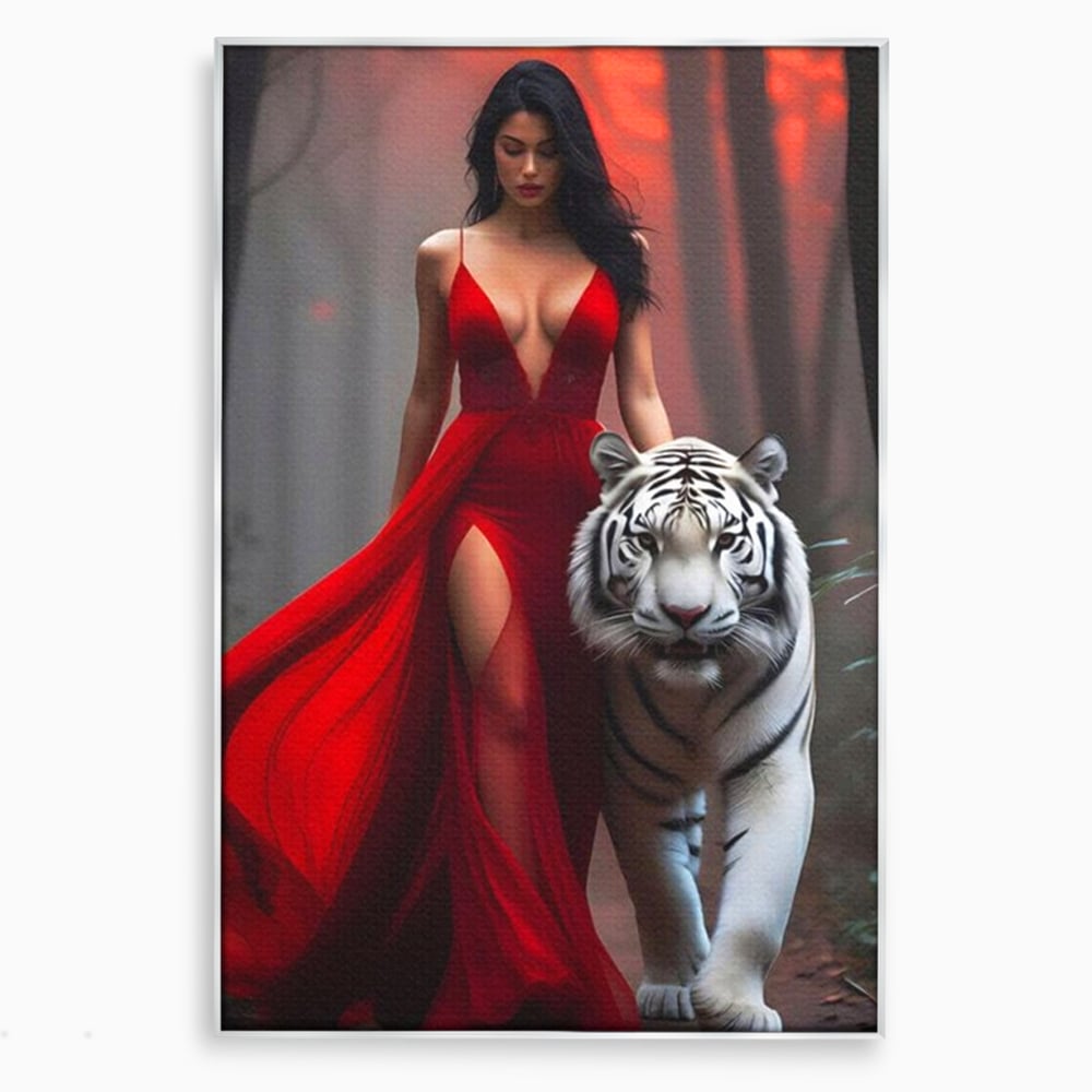 Tablou canvas cu tablou canvas cu femeie si tigru alb, in rama de aluminiu argintiu