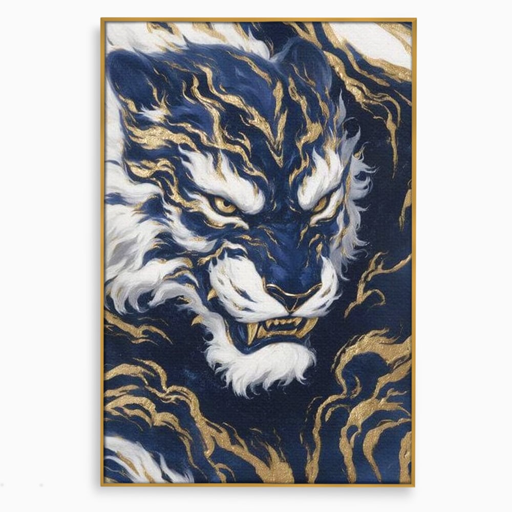 Tablou canvas cu tablou canvas cu tigru albastru si flacari aurii, in rama de aluminiu auriu