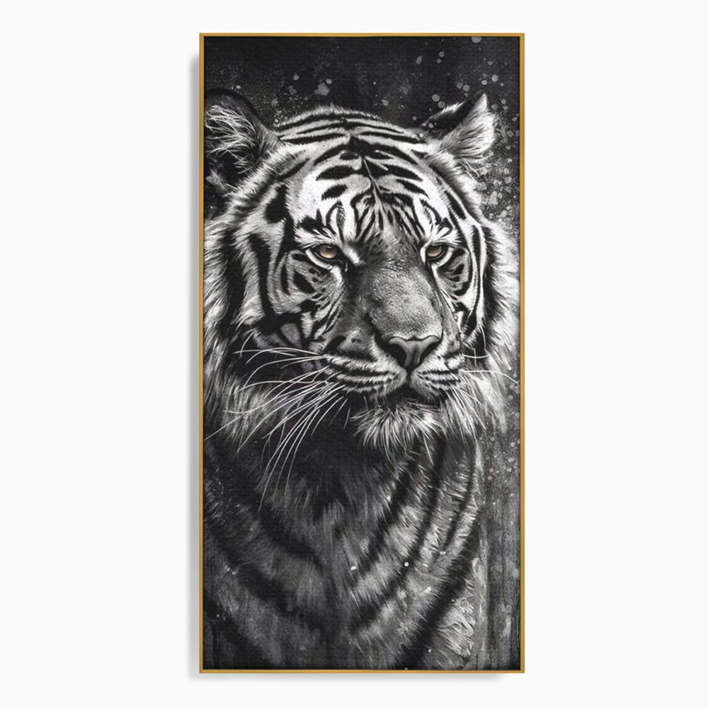 Tablou canvas cu tablou canvas portret tigru alb negru, in rama de aluminiu auriu