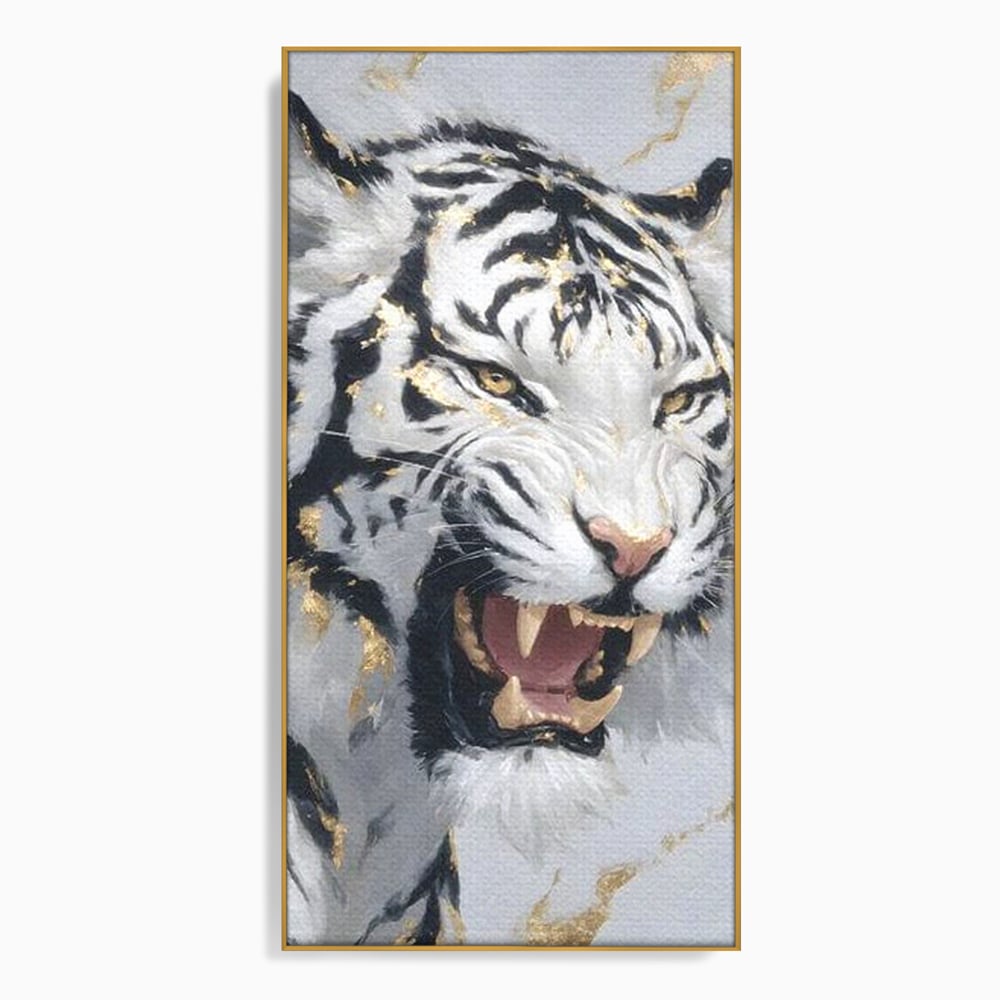 Tablou canvas cu tablou canvas cu tigru alb si auriu, in rama de aluminiu auriu