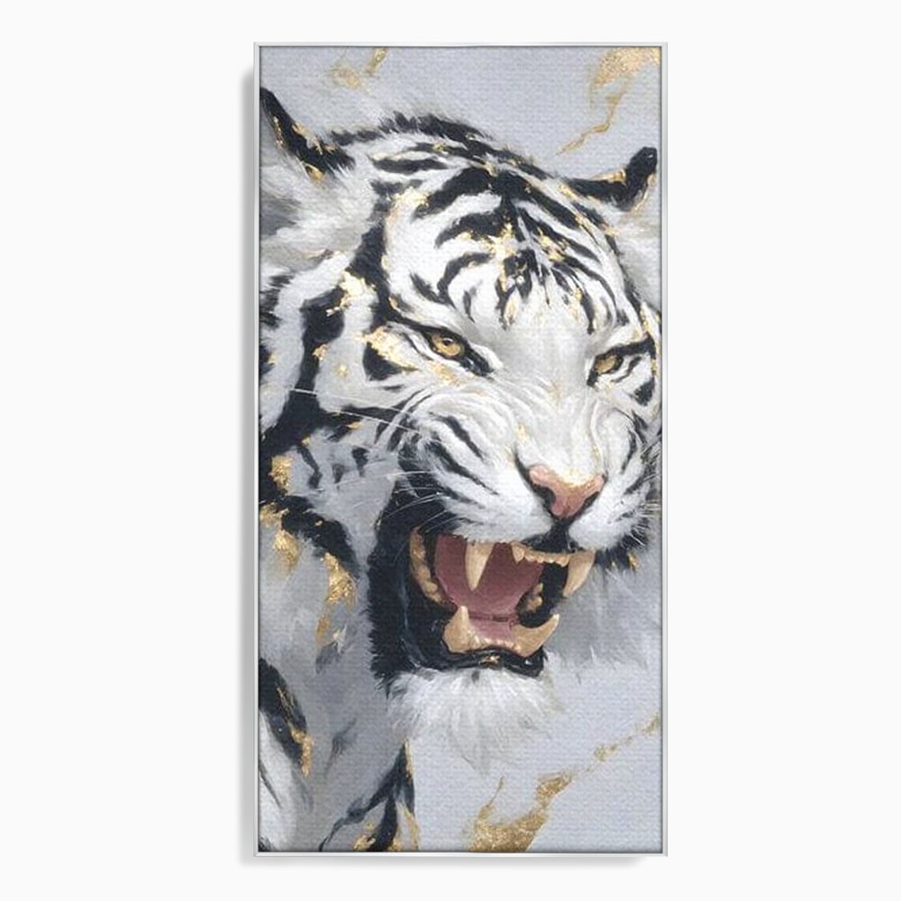 Tablou canvas cu tablou canvas cu tigru alb si auriu, in rama de aluminiu argintiu
