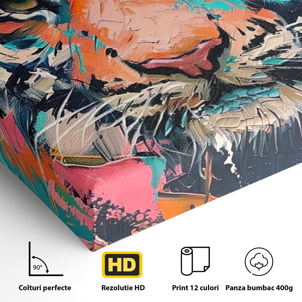 Detaliu al suprafetei: tablou canvas cu tigru colorat, fara rama, pe sasiu de lemn