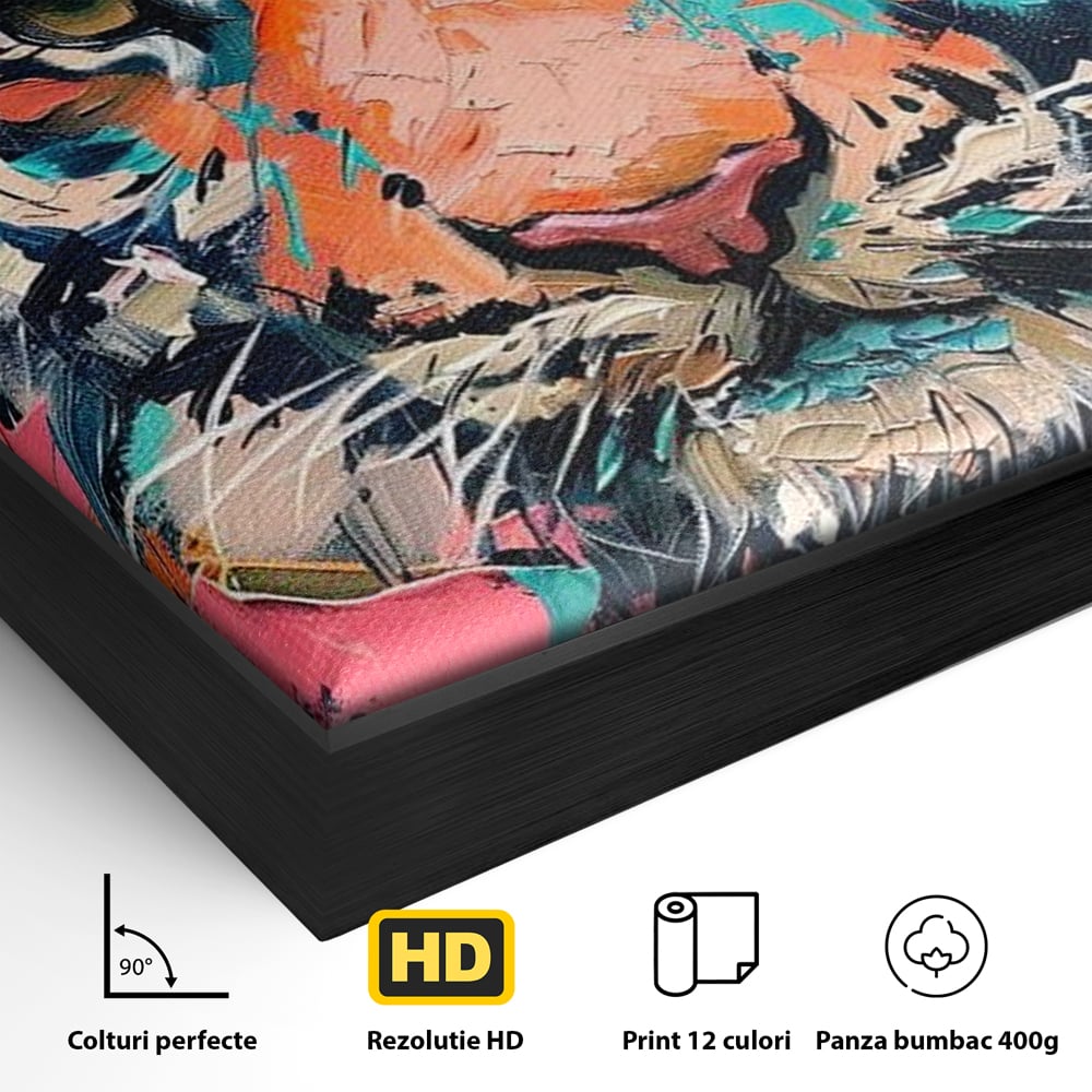 Detaliu al suprafetei: tablou canvas cu tigru colorat, in rama de aluminiu negru