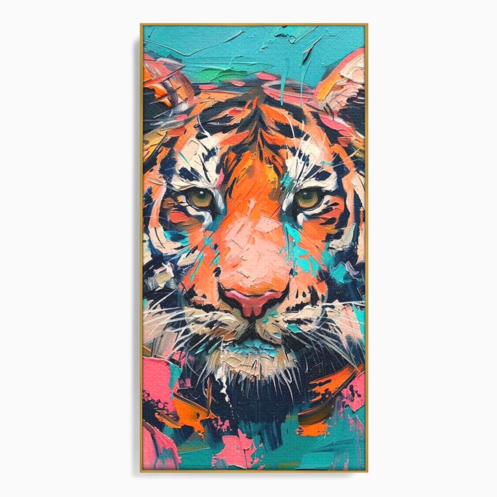 Tablou canvas cu tablou canvas cu tigru colorat, in rama de aluminiu auriu
