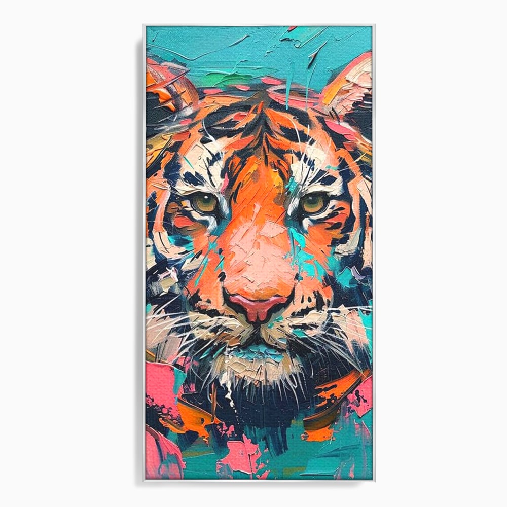 Tablou canvas cu tablou canvas cu tigru colorat, in rama de aluminiu argintiu