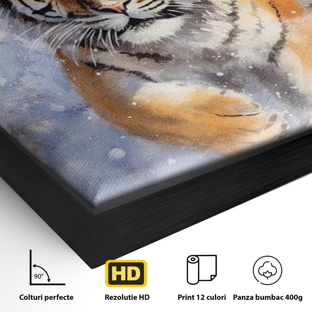 Detaliu al suprafetei: tablou canvas cu tigru in zapada, in rama de aluminiu negru