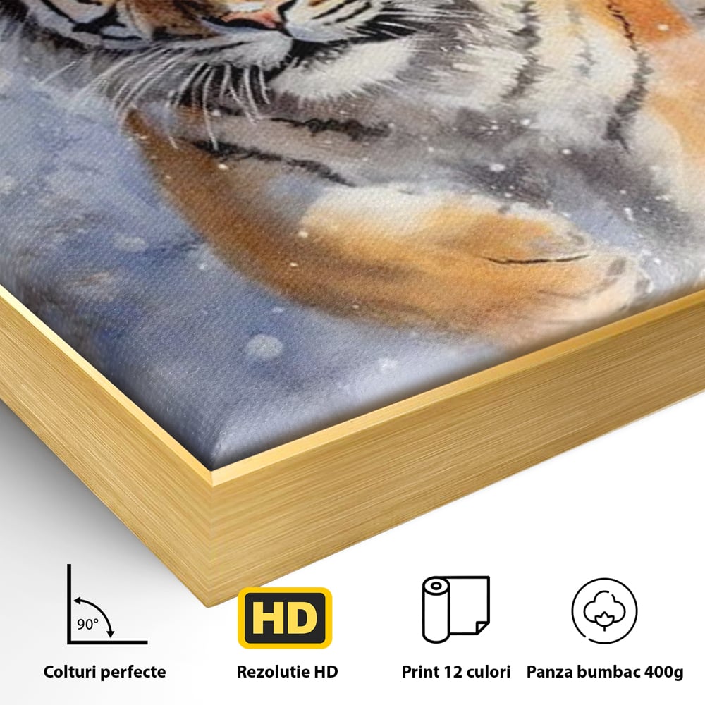 Detaliu al suprafetei: tablou canvas cu tigru in zapada, in rama de aluminiu auriu