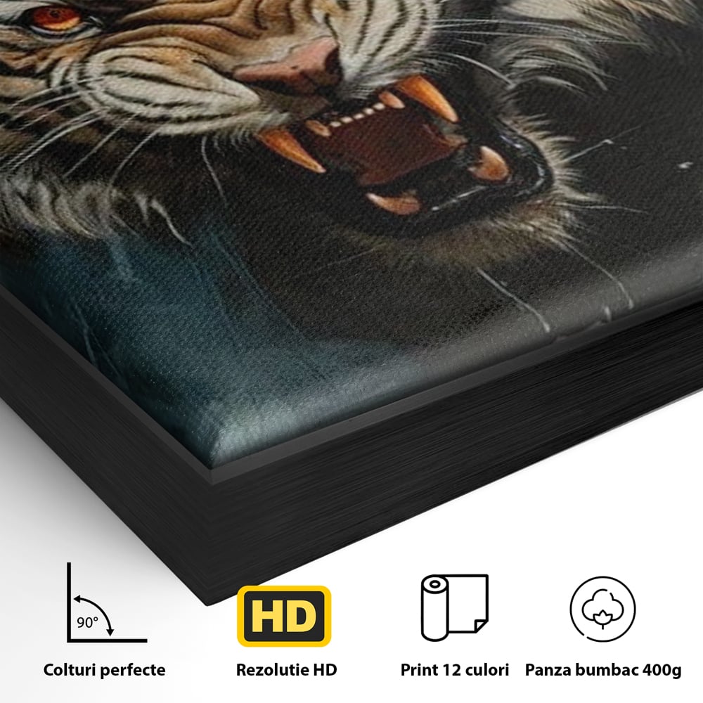 Detaliu al suprafetei: tablou canvas cu tigru furios, in rama de aluminiu negru