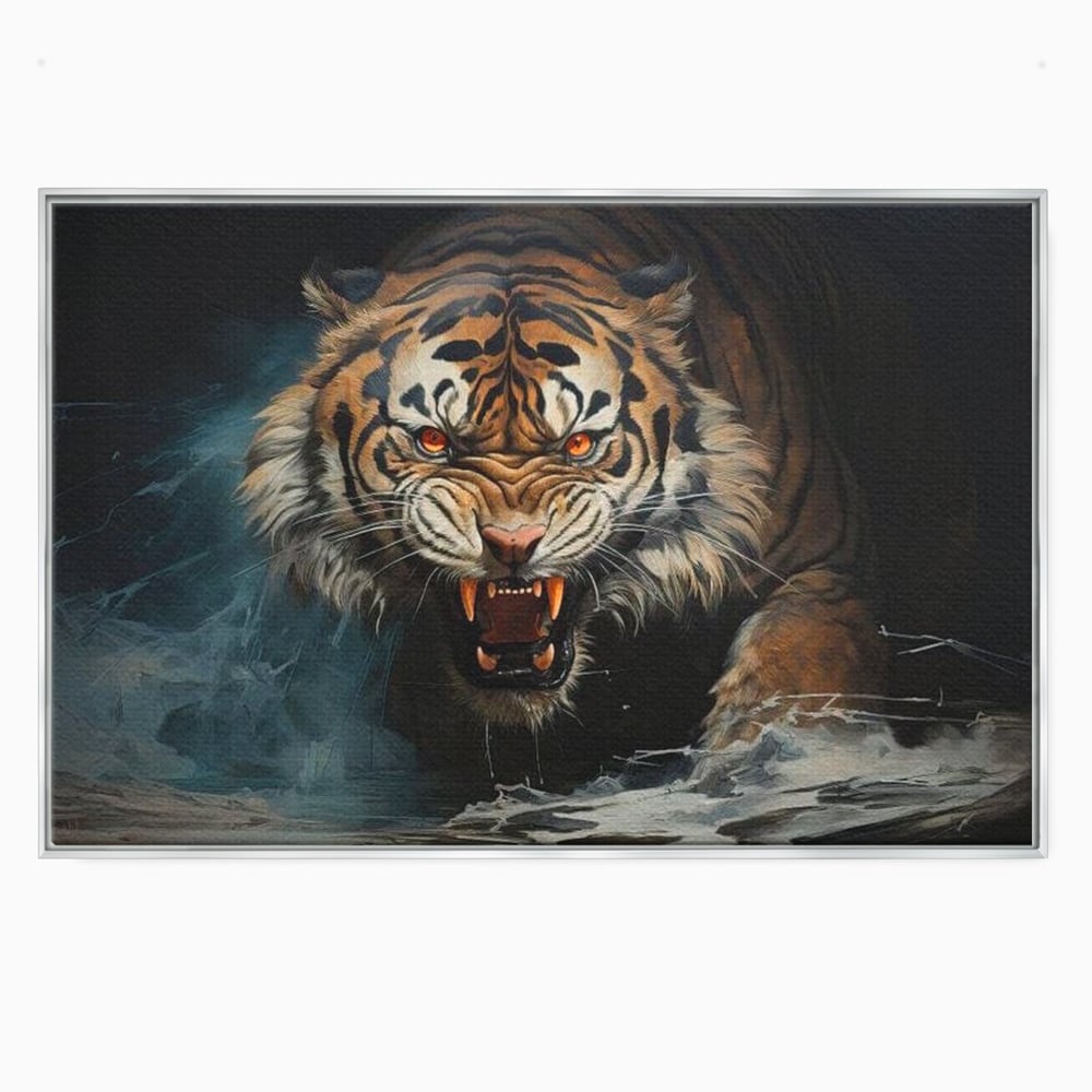 Tablou canvas cu tablou canvas cu tigru furios, in rama de aluminiu argintiu
