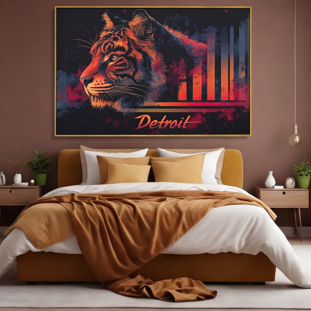 Tablou canvas cu tablou canvas cu profil de tigru neon, in rama de aluminiu auriu, pe perete intr-un dormitor