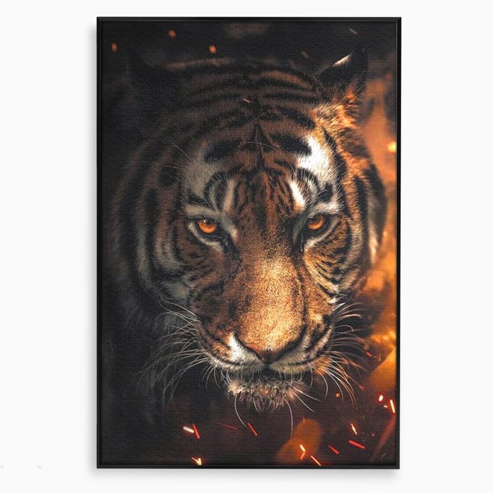 Tablou canvas cu tablou canvas cu cap de tigru si scantei, in rama de aluminiu negru