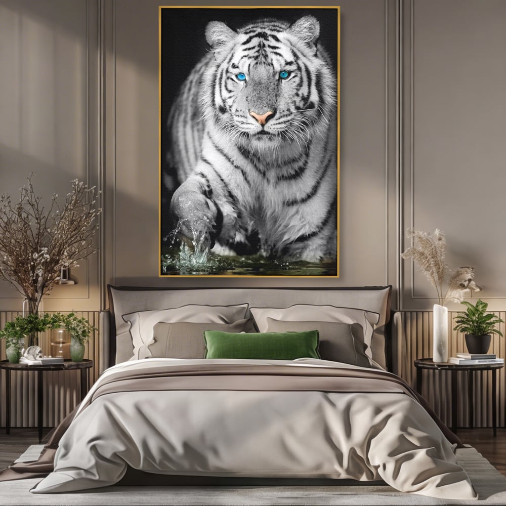 Tablou canvas cu tablou canvas cu tigru alb, in rama de aluminiu auriu, pe perete intr-un dormitor