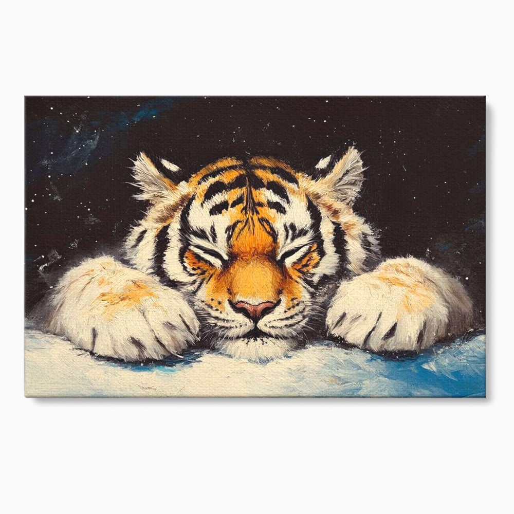 Tablou canvas cu tablou canvas cu pui de tigru dormind, fara rama, pe sasiu de lemn