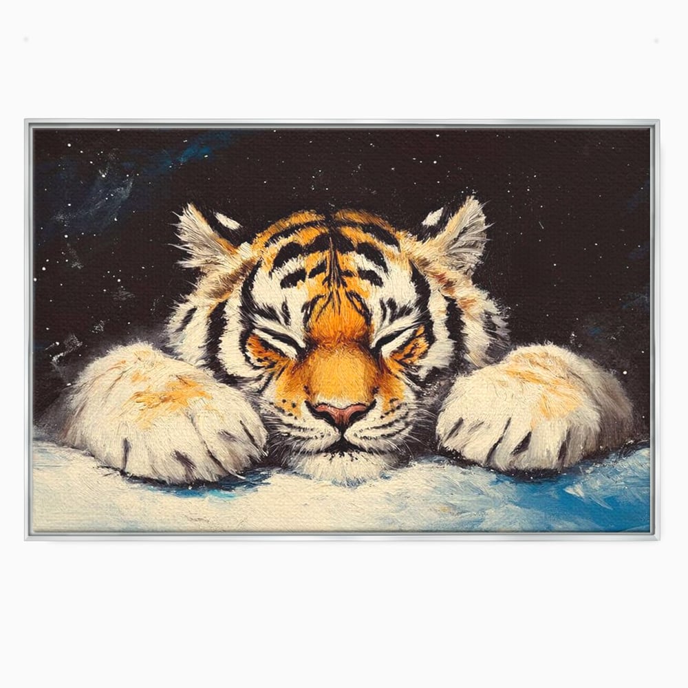 Tablou canvas cu tablou canvas cu pui de tigru dormind, in rama de aluminiu argintiu