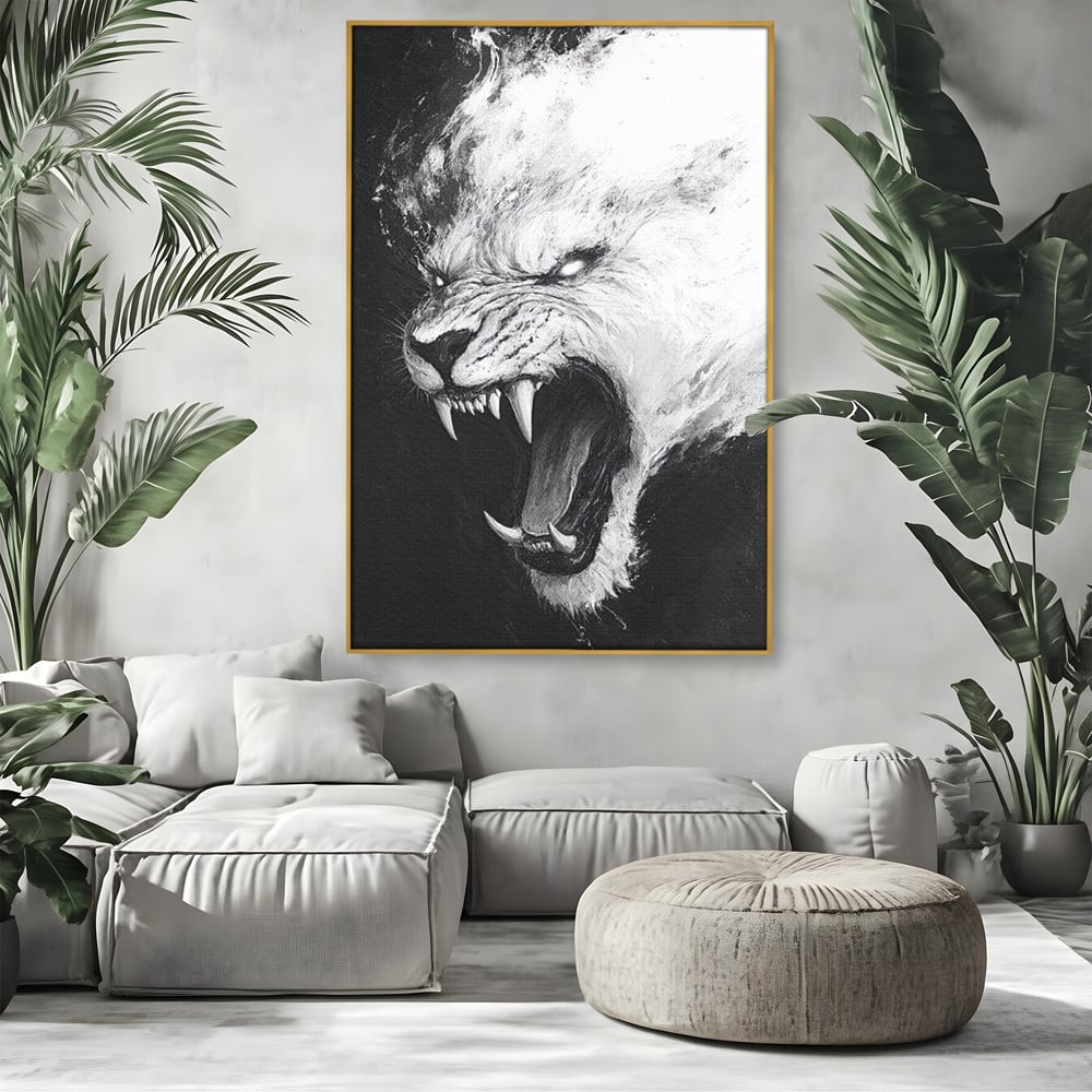 Tablou canvas cu tablou canvas cu tigru alb, in rama de aluminiu auriu, pe perete intr-un living
